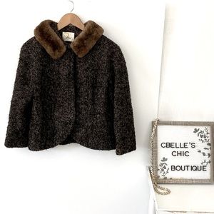 Vintage Black & Brown Tweed Animal Fur Cropped Coat